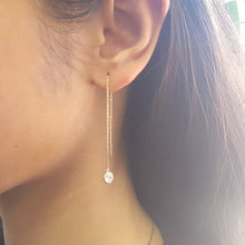Load image into Gallery viewer, Solid 14k Gold 5mm Round CZ Stone Bezel Threader Dangle Earrings