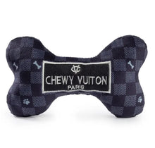 Load image into Gallery viewer, Black Checker Chewy Vuiton Bone Squeaker Dog Toy
