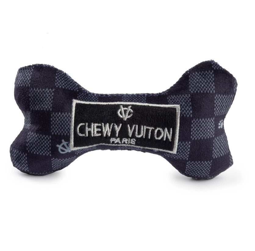 Black Checker Chewy Vuiton Bone Squeaker Dog Toy