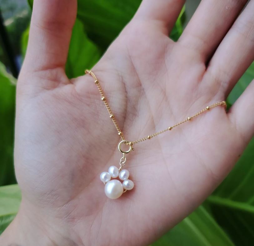 Fresh Water Pearl Paw Print Charm on 14k Gold Filled Ball Chain Necklace